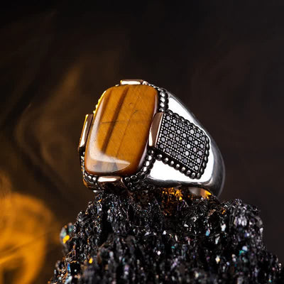 Olivenorma Square Tiger Eye Männer Breitkrempiger Ring