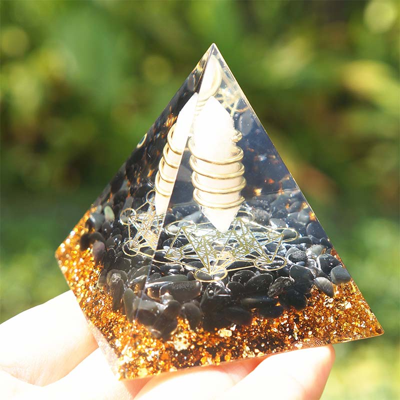 Olivenorma Rosenquarz mit Obsidian Orgon-Pyramide