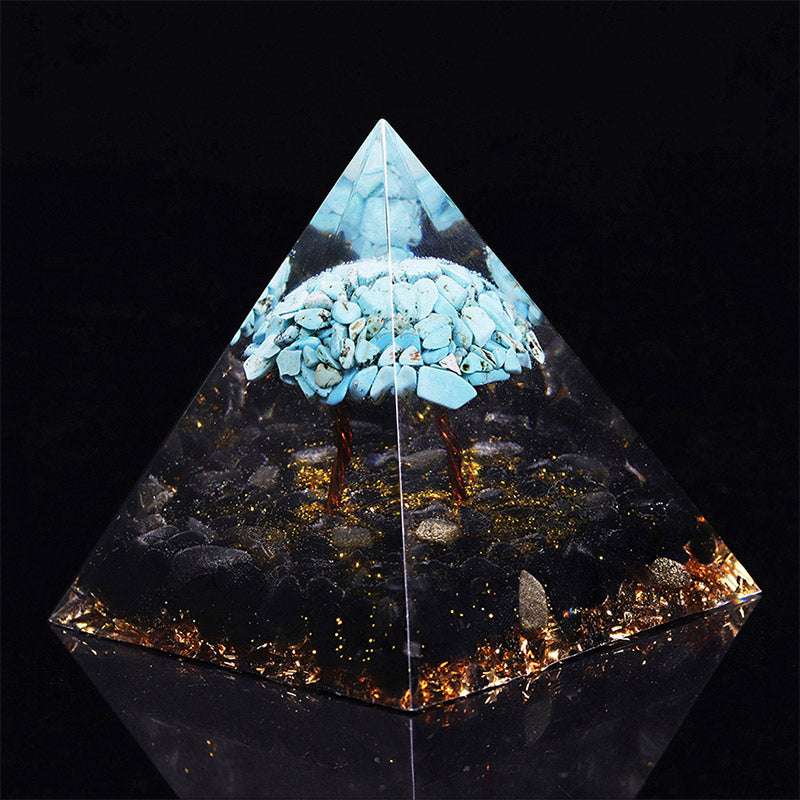 Olivenorma Obsidian mit türkiser Glücks-Orgon-Pyramide