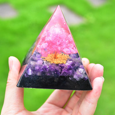 Olivenorma Baum des Lebens Amethyst Obsidian mit Rosa Kristall Orgon Pyramide 