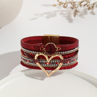 Olivenorma Multicolor Kristallcluster Metallic Herz Geflochtenes Lederarmband 