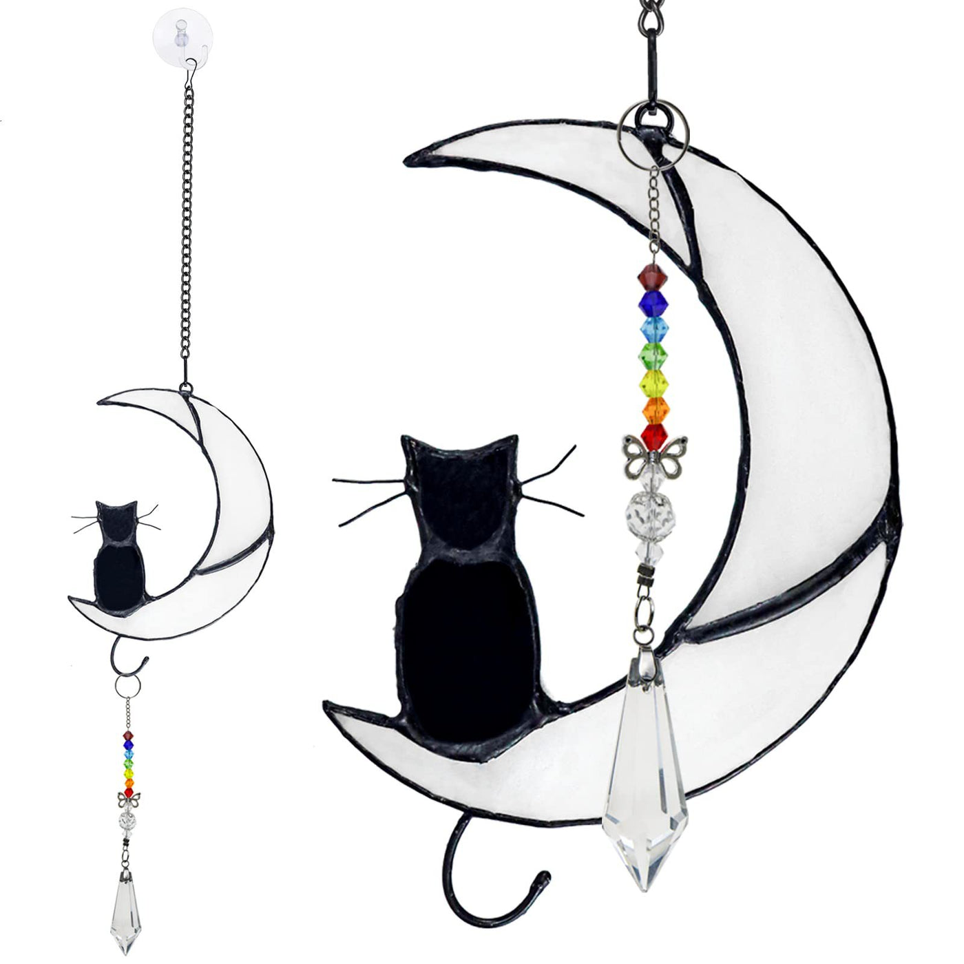 Olivenorma Weißer Mond Schwarze Katze Glasfenster Ornament