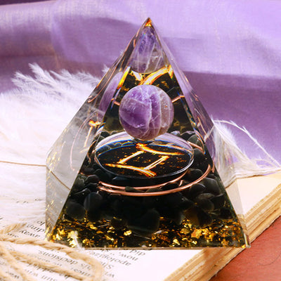 Olivenorma Amethyst Kugel mit Obsidian Zodiac Zwillinge Orgone Pyramide