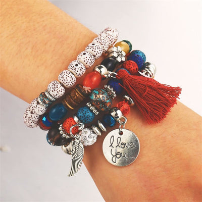 Olivenorma 4-Stück Bohemia Perlen Quasten Feder Armband Set