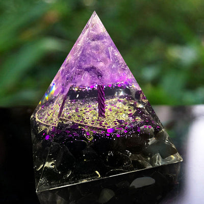 Olivenorma Amethyst-Sphäre mit Obsidian-Orgonpyramide