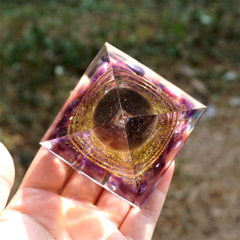 Olivenorma Tigerauge Kristallkugel mit Amethyst Orgon-Pyramide 