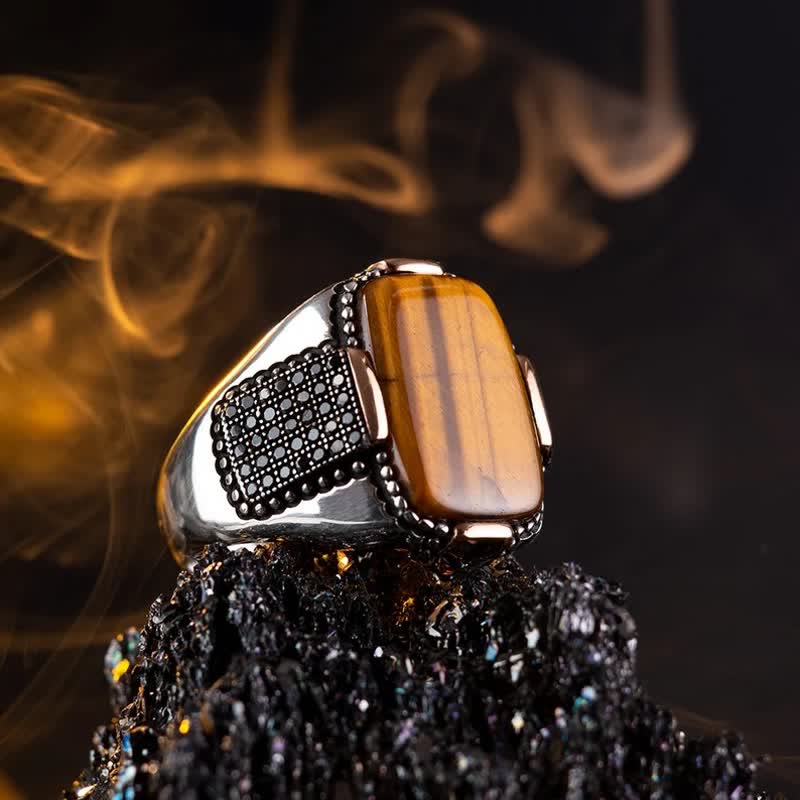 Olivenorma Square Tiger Eye Männer Breitkrempiger Ring