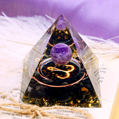 Olivenorma Amethystkugel mit Obsidian-Zodiac-Widder-Orgonpyramide