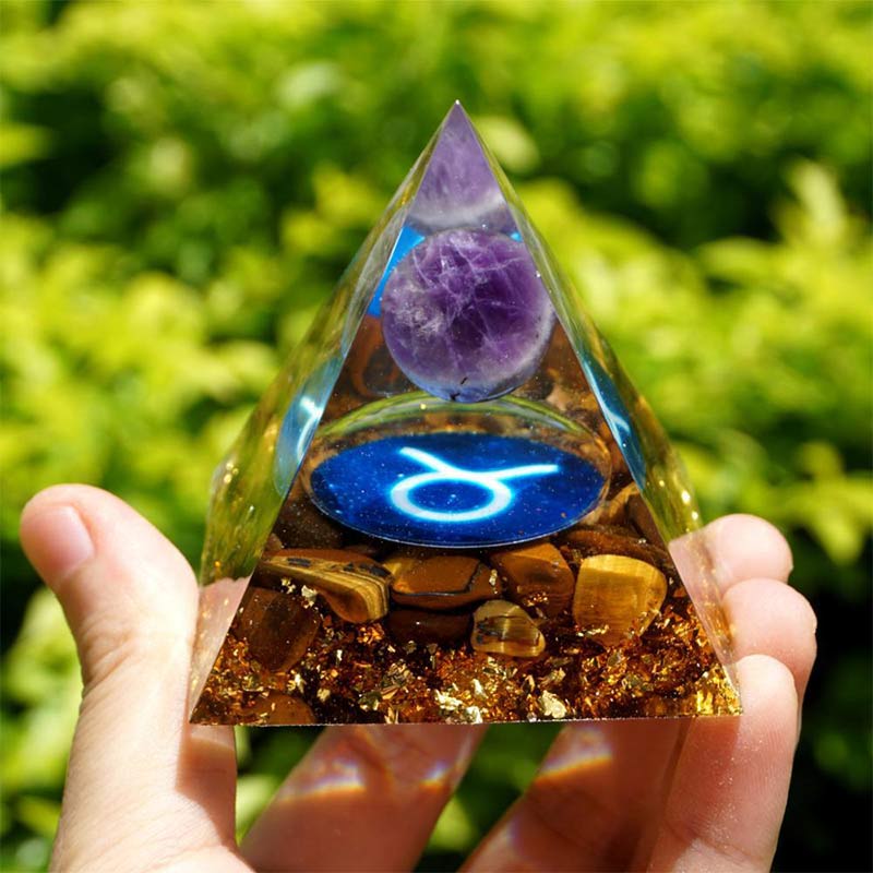 Olivenorma Amethyst mit Tigerauge Stier Zodiac Orgone Pyramide 