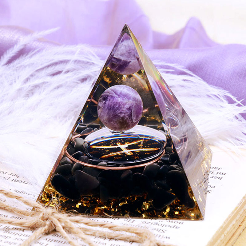 Olivenorma Amethystkugel mit Obsidian Zodiac Pisces Orgone Pyramide