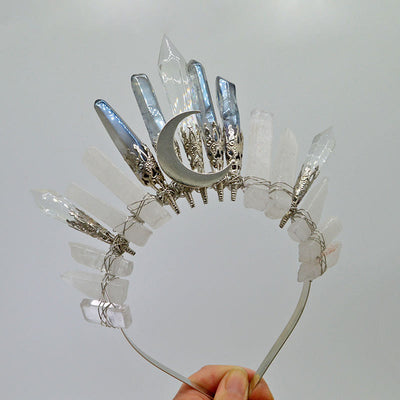 Olivenorma handgefertigte Silbermond-Naturkristallkrone - Galvanisierter grauer Kristall - image 17