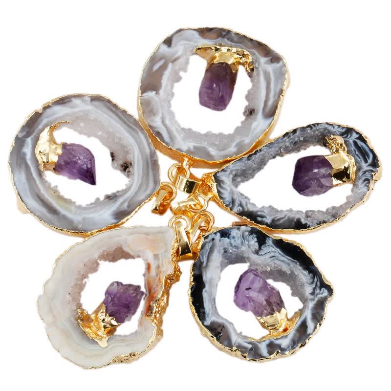 Olivenorma Halskette mit natürlichem Achat und Geode und Amethyst 