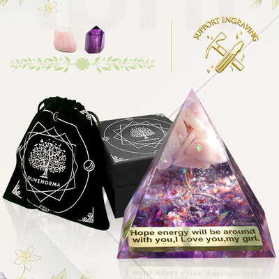 Olivenorma Baum des Lebens Pink Opal mit Amethyst-Orgon-Pyramide