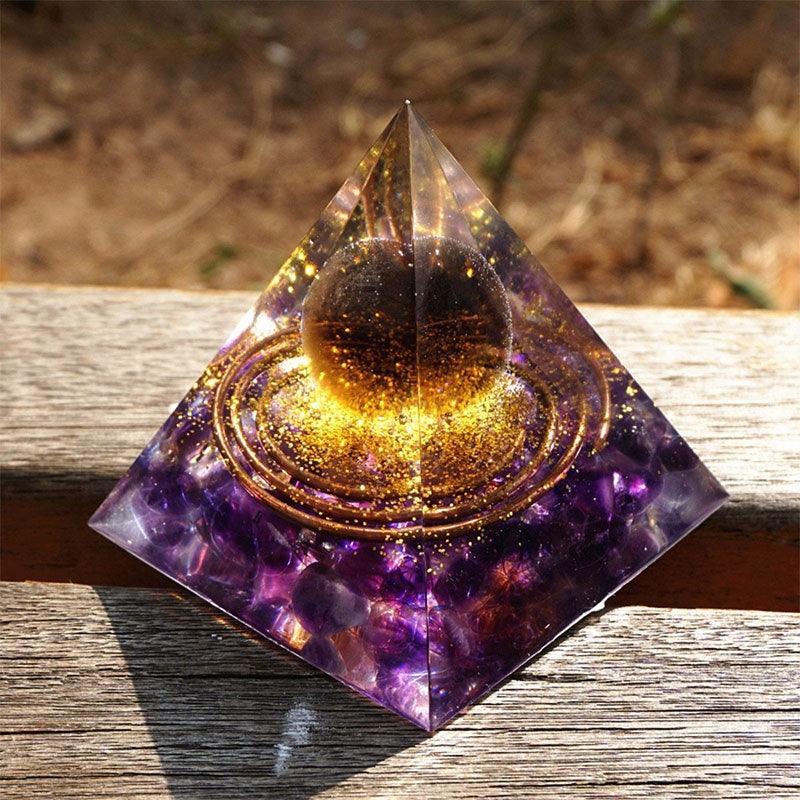 Olivenorma Tigerauge Kristallkugel mit Amethyst Orgon-Pyramide 