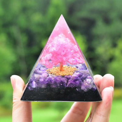 Olivenorma Baum des Lebens Amethyst Obsidian mit Rosa Kristall Orgon Pyramide 