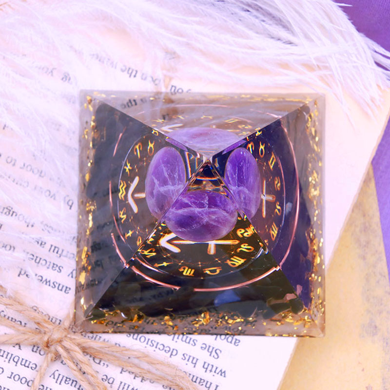 (Räumungsverkauf 30% Rabatt / CODE: OFF30) - Olivenorma Amethystkugel mit Obsidian Zodiac Schütze Orgon Pyramide