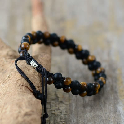 Olivenorma Tiger Eye und Schwarzer Onyx Perlen Geflochtenes Armband 