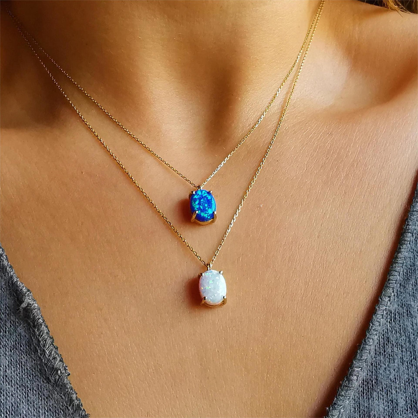 Olivenorma Blue White Opal 18k vergoldete Kupferhalskette 