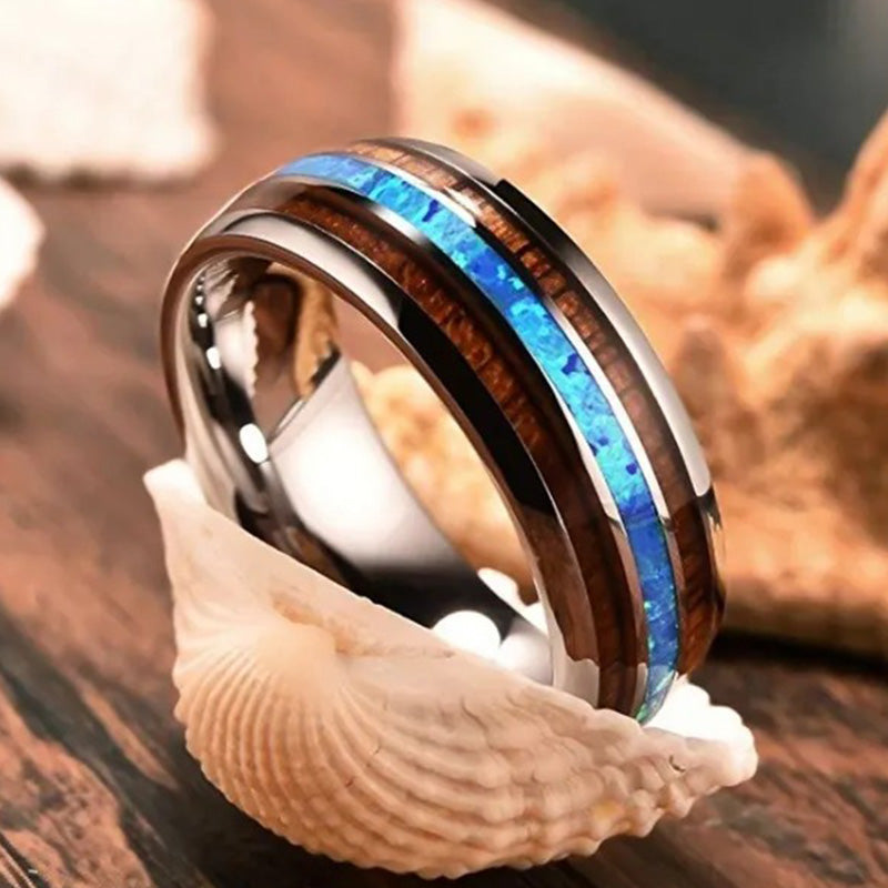 Olivenorma Koa Wood und Abalone Shell Wolframkarbid Ring