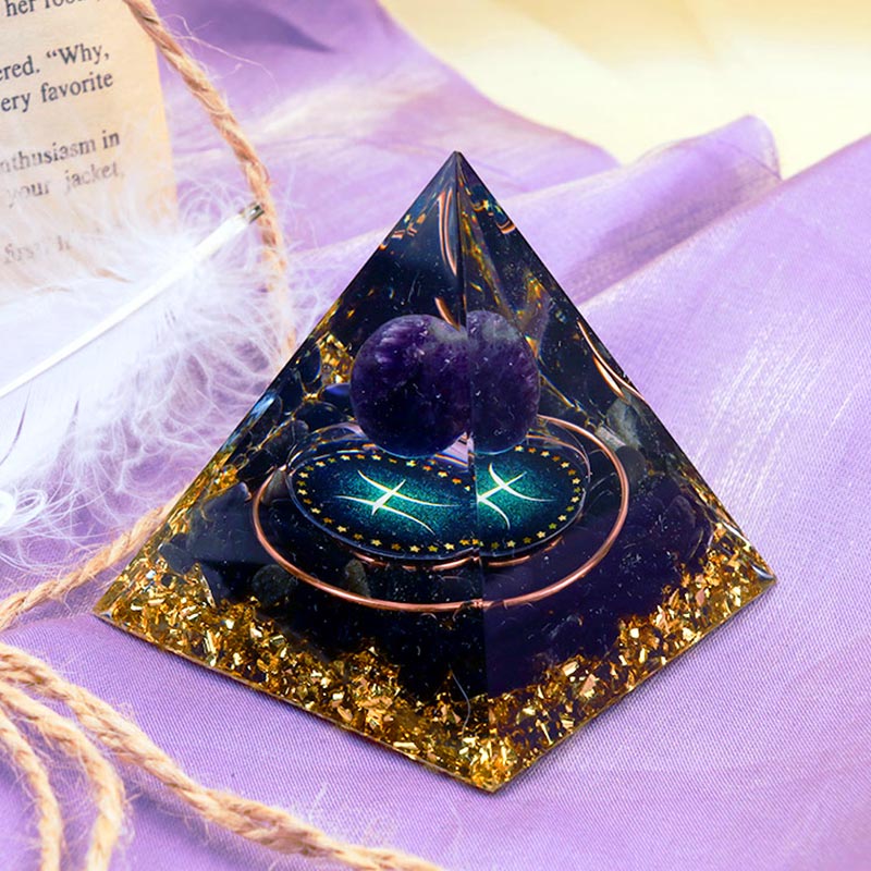 Olivenorma Amethyst Kugel mit Obsidian Sternzeichen Fische Orgon Pyramide 