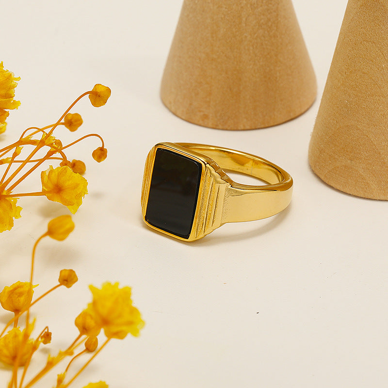 Olivenorma Retro Streifen Quadrat Obsidian Titanstahl Ring