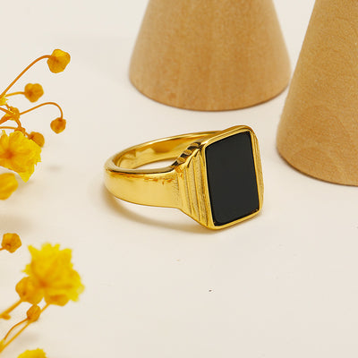 Olivenorma Retro Streifen Quadrat Obsidian Titanstahl Ring