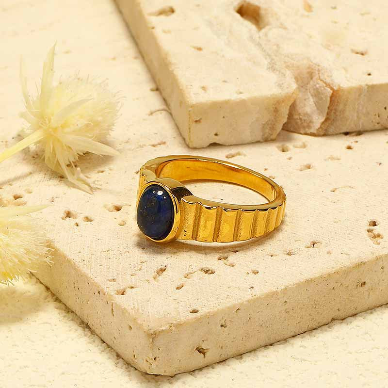 Olivenorma Lapis-Lazuli-Gold-Vertikalmuster-Titanstahlring