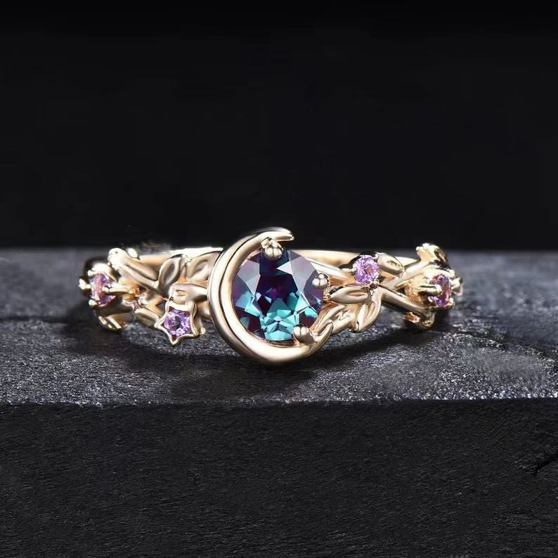 Olivenorma Mondstern Farbwechsel Alexandrit Ast Blatt Amethyst Verlobungsring - Gold - 10 - image 1
