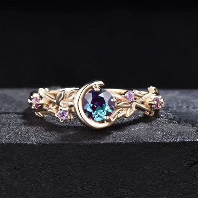 Olivenorma Mondstern Farbwechsel Alexandrit Ast Blatt Amethyst Verlobungsring - Gold - 10 - image 1