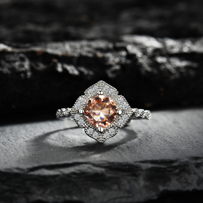 Olivenorma Apricot Pink Zirkon gravierte Spitze Einstellbarer Ring 