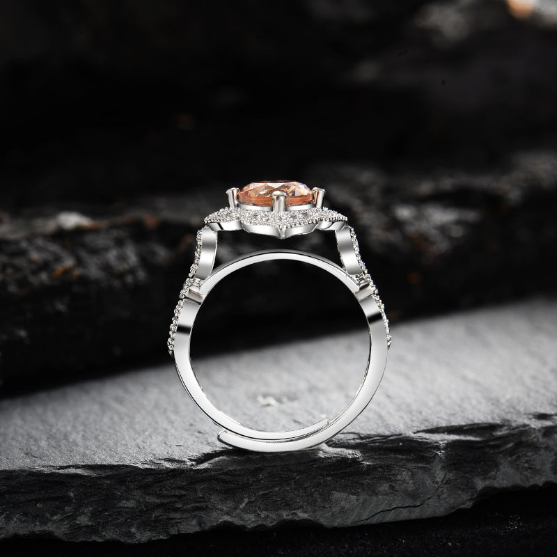 Olivenorma Apricot Pink Zirkon gravierte Spitze Einstellbarer Ring 