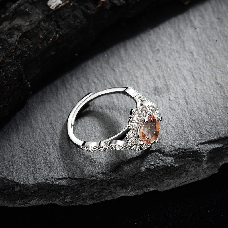 Olivenorma Apricot Pink Zirkon gravierte Spitze Einstellbarer Ring 