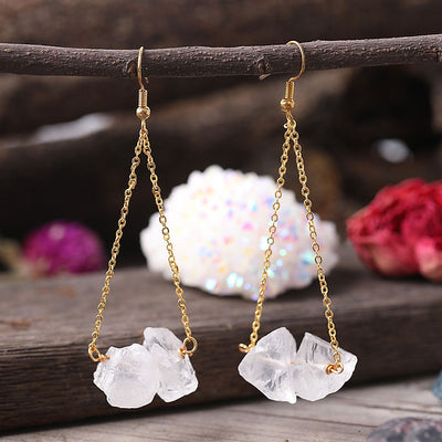 Olivenorma Natural Quartz Gravel Gold Chain Dangle Earrings