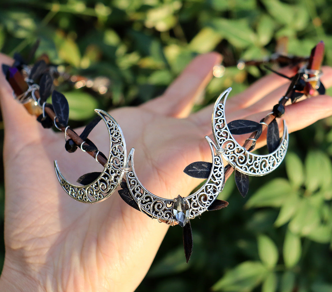 Olivenorma Natürlicher Kristallstein Wicca Mondkranz Kristallkrone - Obsidian&Drei Silberne Monde - image 2