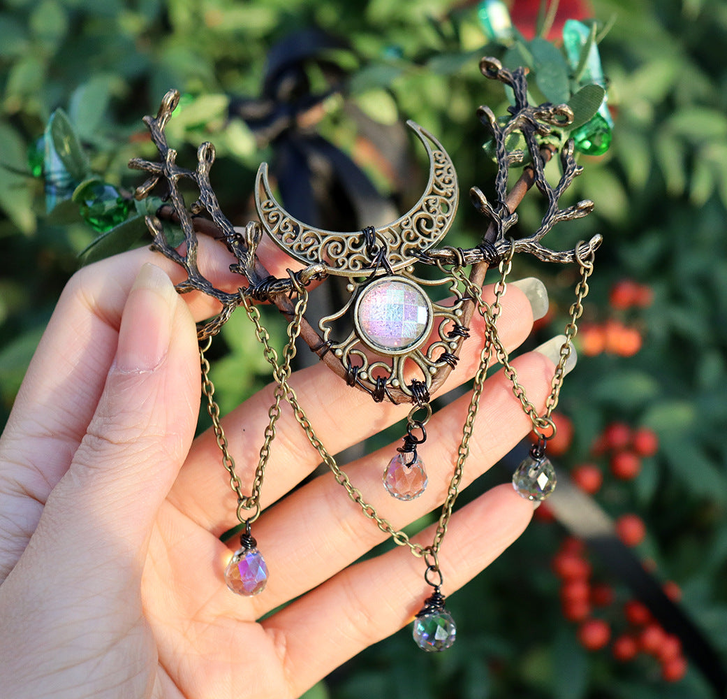 Olivenorma Natürlicher Kristallstein Wicca Mondkranz Kristallkrone - Grüner Fluorit&Bronzene Mondzweige - image 12