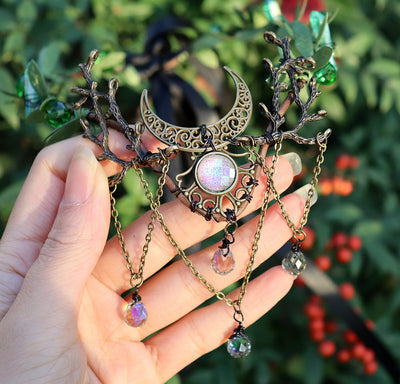 Olivenorma Natürlicher Kristallstein Wicca Mondkranz Kristallkrone - Grüner Fluorit&Bronzene Mondzweige - image 12