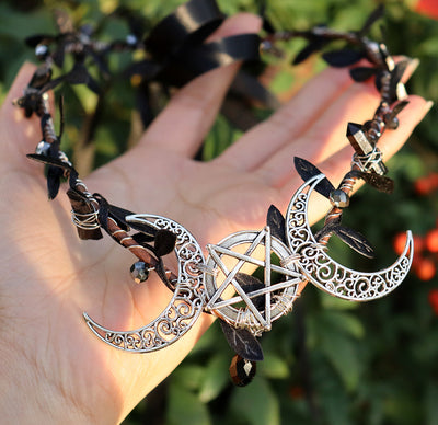 Olivenorma Natürlicher Kristallstein Wicca Mondkranz Kristallkrone - Obsidian&Pentagramm Doppelphase Mond - image 4