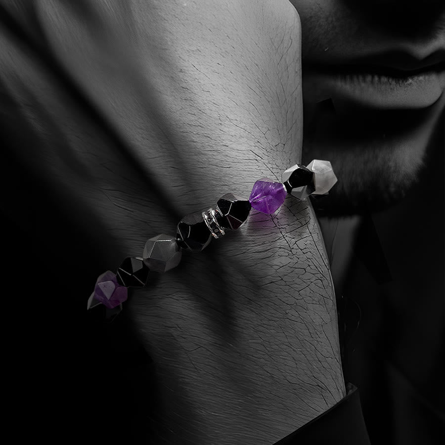 Olivenorma Männer Geometrische Facetten Amethyst Wolkenquarz Perlen Armband