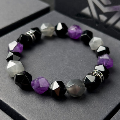 Olivenorma Männer Geometrische Facetten Amethyst Wolkenquarz Perlen Armband