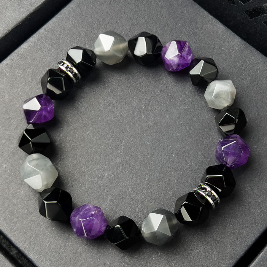 Olivenorma Männer Geometrische Facetten Amethyst Wolkenquarz Perlen Armband