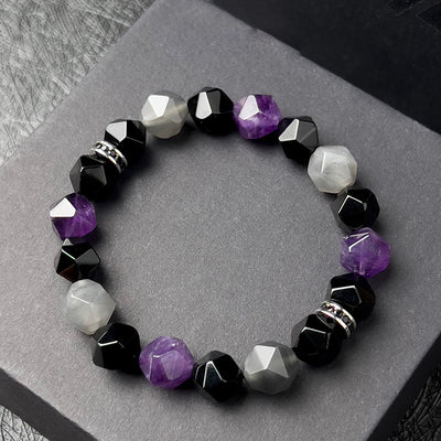 Olivenorma Männer Geometrische Facetten Amethyst Wolkenquarz Perlen Armband