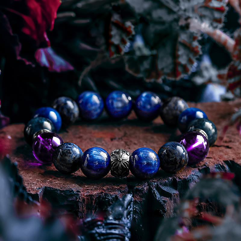 Olivenorma Männer-Lapislazuli-Amethyst-Pietersit-Perlenarmband 