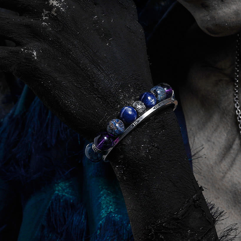 Olivenorma Männer-Lapislazuli-Amethyst-Pietersit-Perlenarmband 