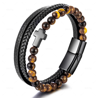 Olivenorma Tiger Eye Kreuz Edelstahl Geflochtenes Lederarmband