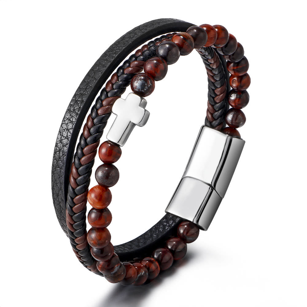 Olivenorma Tiger Eye Kreuz Edelstahl Geflochtenes Lederarmband