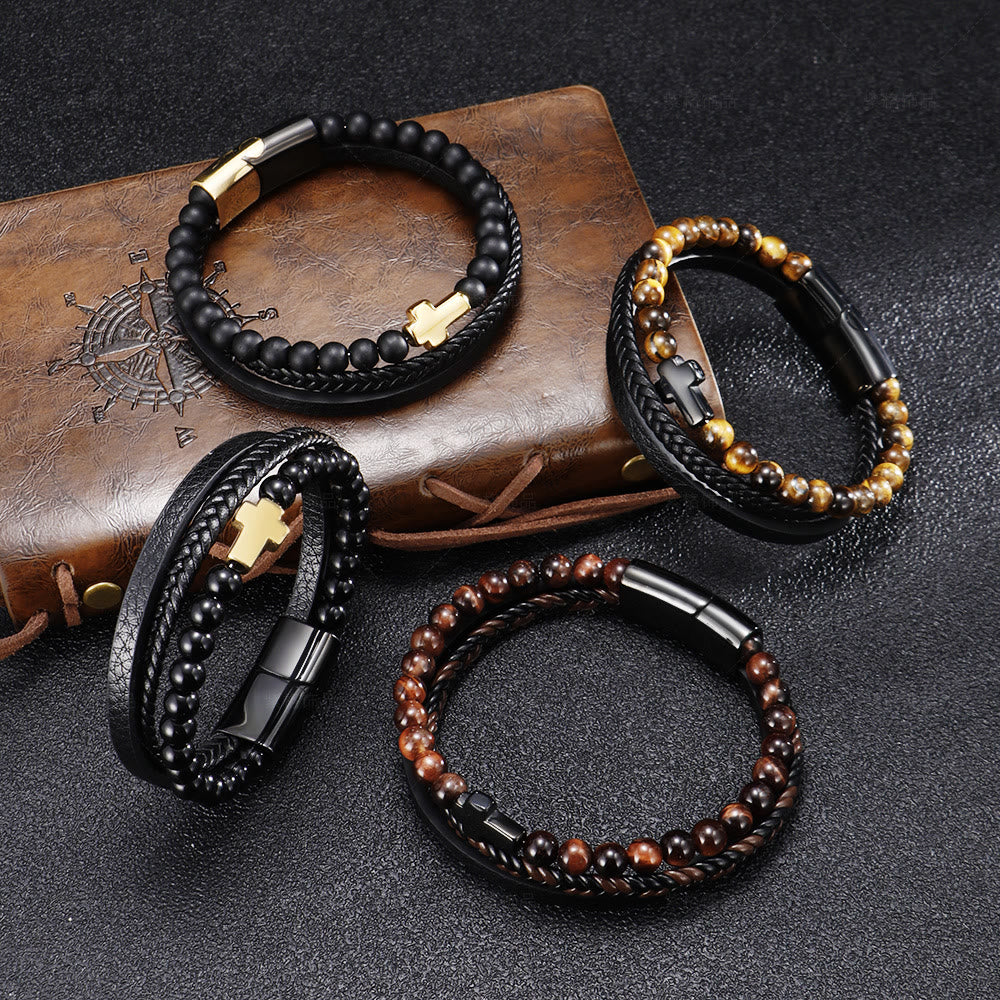 Olivenorma Tiger Eye Kreuz Edelstahl Geflochtenes Lederarmband