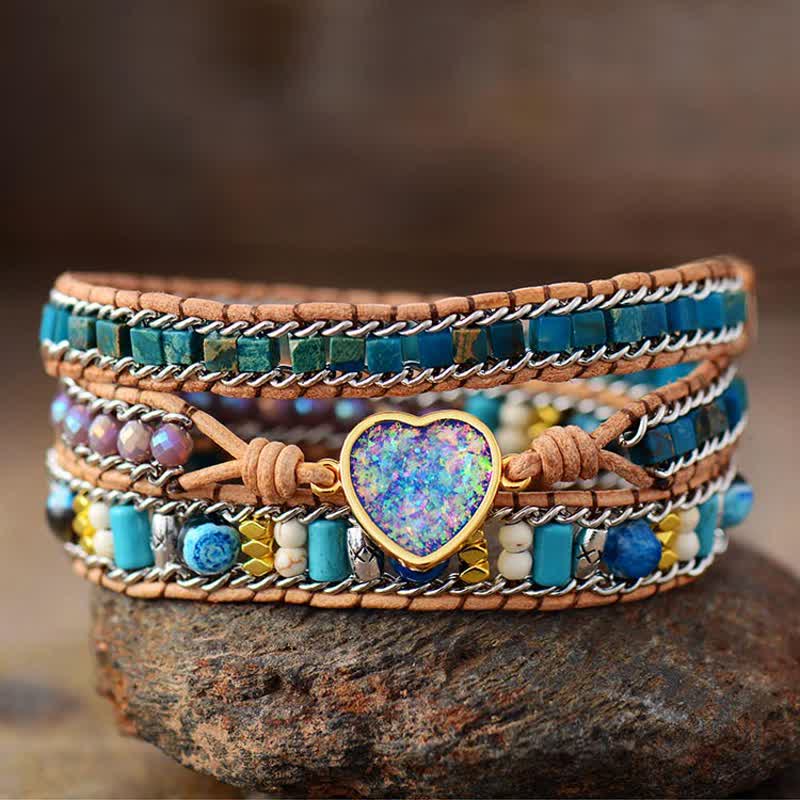 Olivenorma Herz Opal Blauer Apatit Kaiserstein Wickelarmband 