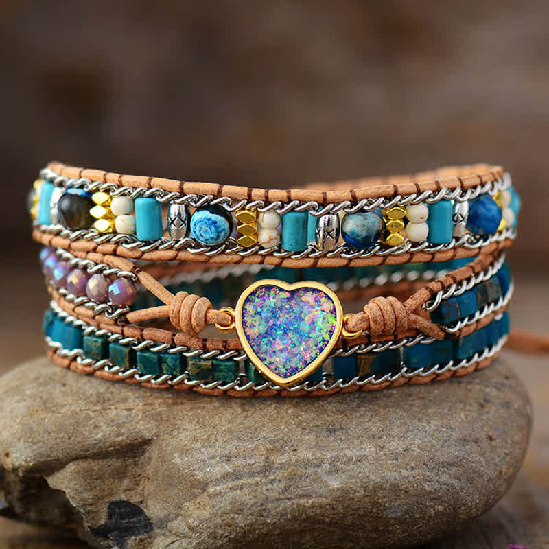 Olivenorma Herz Opal Blauer Apatit Kaiserstein Wickelarmband 