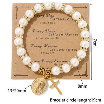 Olivenorma Christian Cross White Shell Bead Bracelet