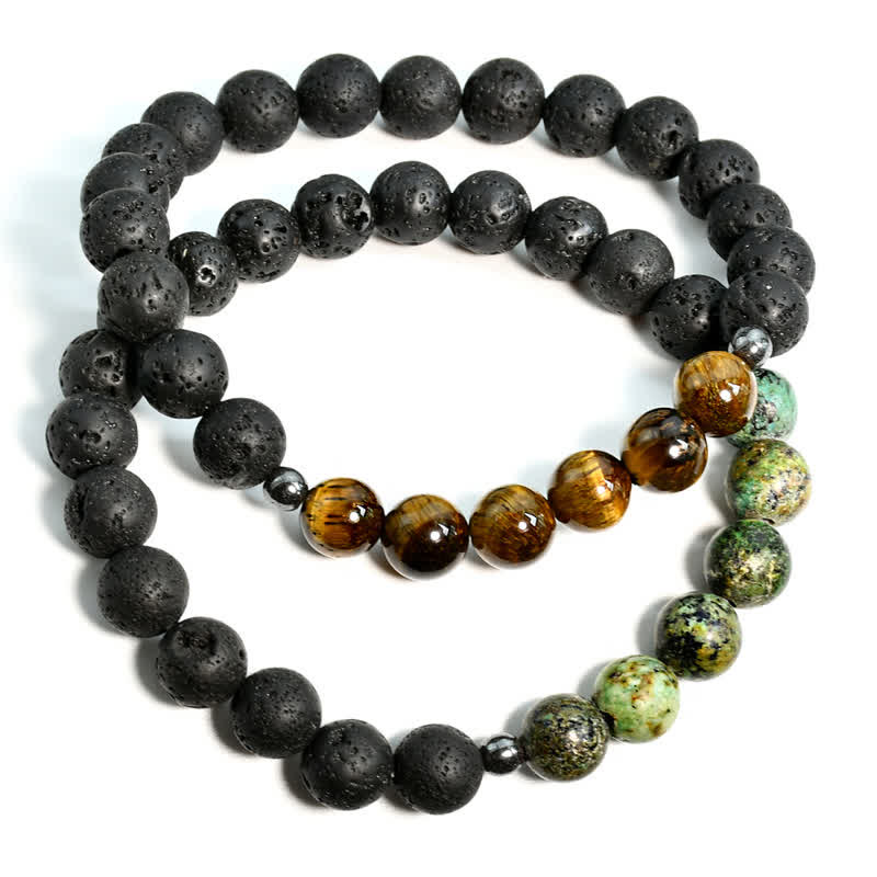 Olivenorma Lava Stein Afrikanischer Türkis Tigerauge Armband-Set 